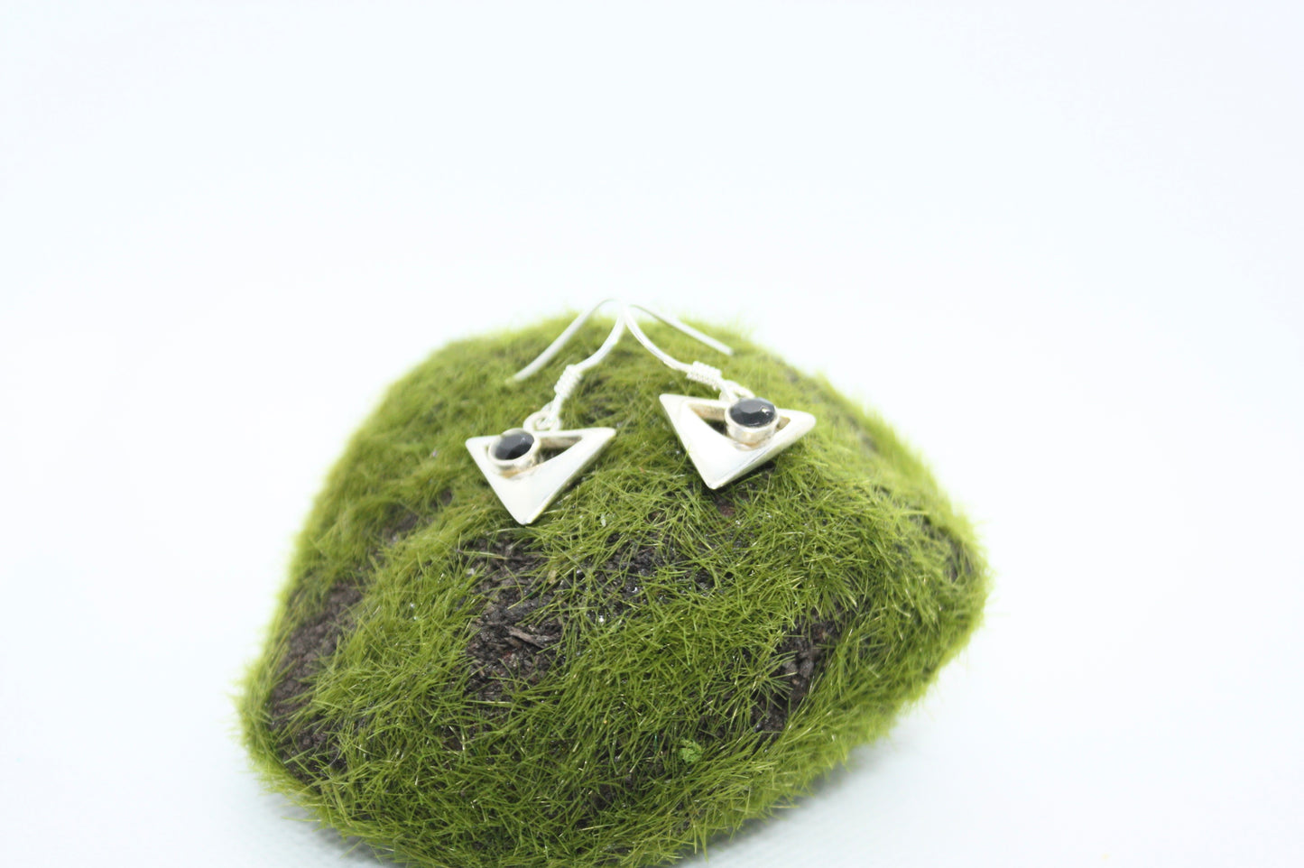 Black Onyx Triangle Sterling Silver Earrings.