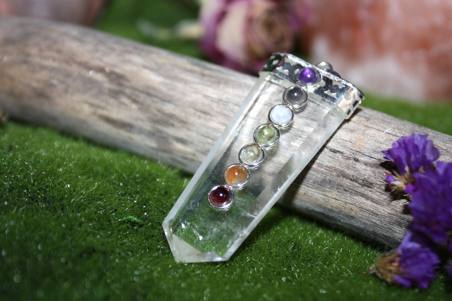 Flat Clear Crystal Chakra Pendant - Vibrant 7 Coloured Gems Included