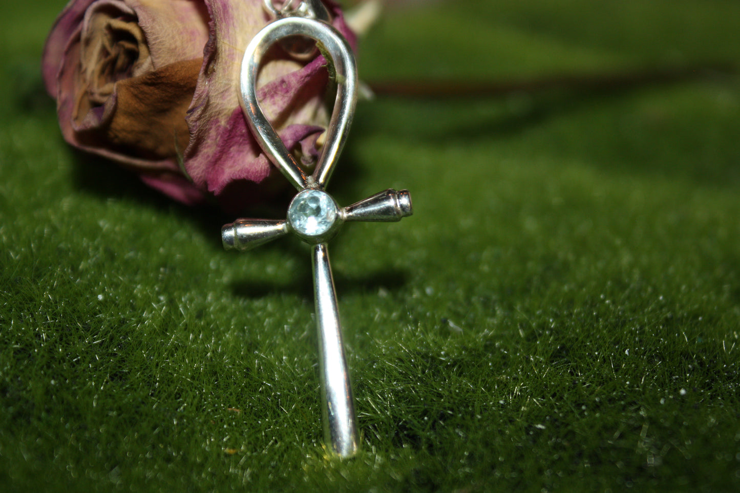 Blue Topaz Sterling Silver Cross Symbol Pendent