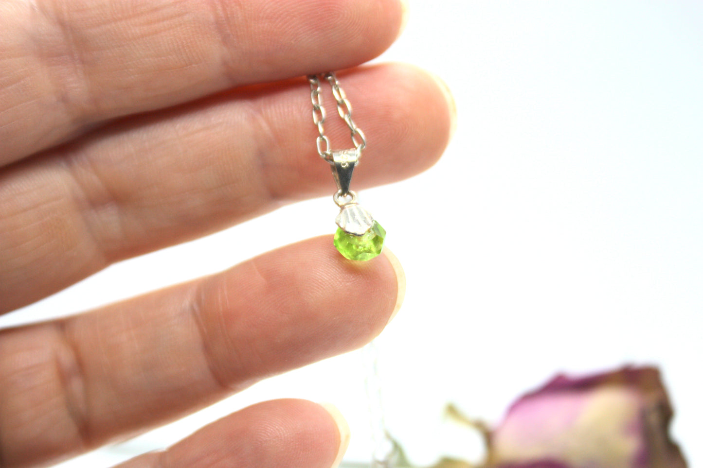 Minimalist Sterling Silver necklace and green charm