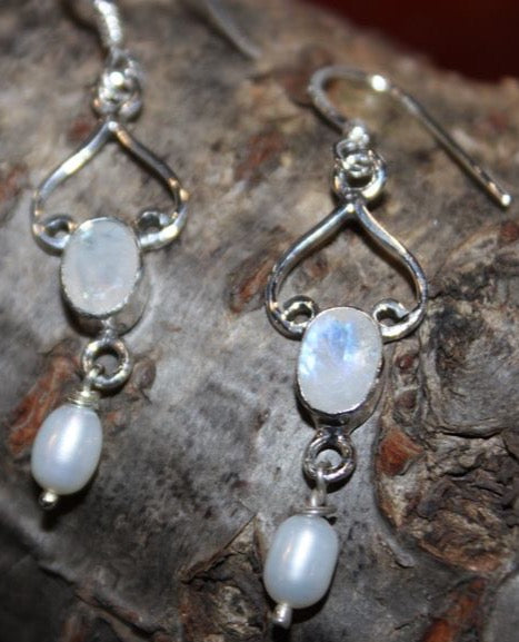 Moonstone and Pearl bead Sterling Silver Earrings.