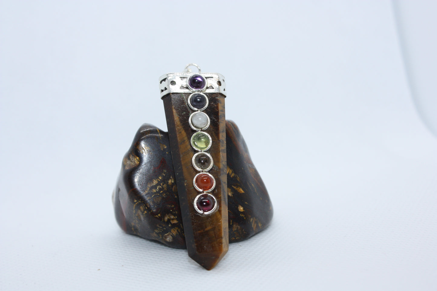 Flat Tigers Eye Chakra Pendent with 7 coloured gems
